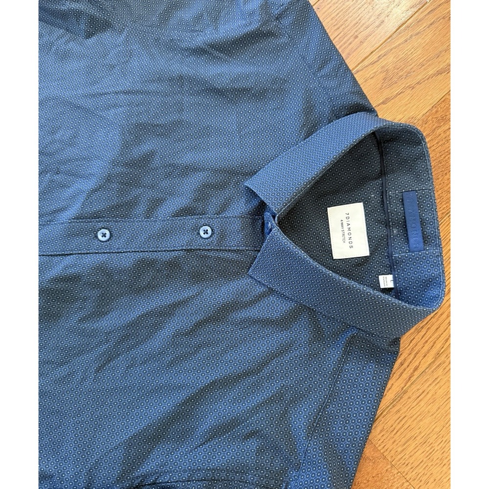 7 Diamonds Mens Large Navy Geometric Long Sleeve Button Shirt 4 Way Stretch